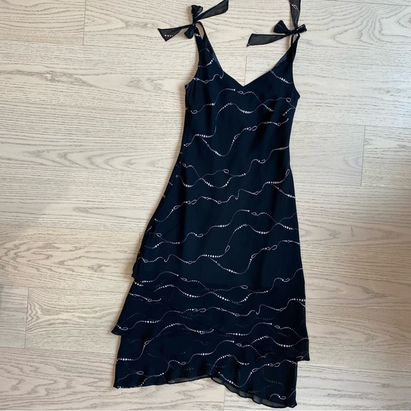 EVAN PICONE Vintage Dress, Black V-Neck Sleeveless, Long, Ruffles, Ties, US M - Picture 1 of 13